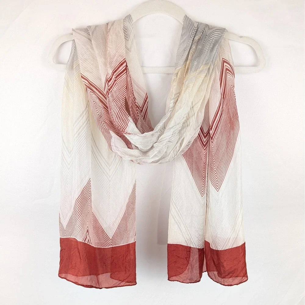 Vintage Indus 100% Silk Scarf 19 x 62 Cream Red Striped Chevron Boho Shawl Wrap